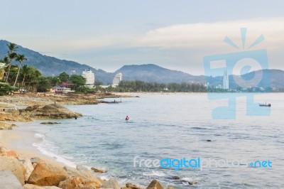 Kalim Beach And Patong Beach On Twilight Cloudy Day, Phuket, Tha… Stock Photo