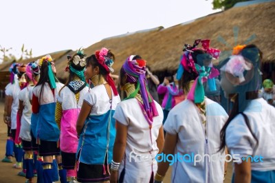 Karen Tribal Girls From Padaung Long Neck Hill Tribe Village Stock Photo