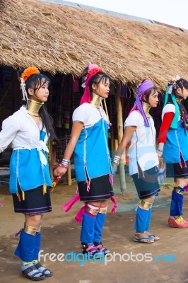 Karen Tribal Girls From Padaung Long Neck Hill Tribe Village Stock Photo