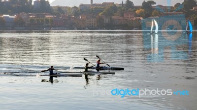 Kayaking On Lake Como At Lecco Italy Stock Photo