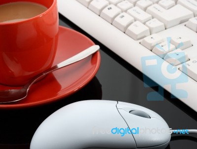 Keyboard And Mouse With Coffee Stock Photo