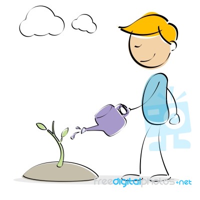 Kid Watering Plant Stock Image