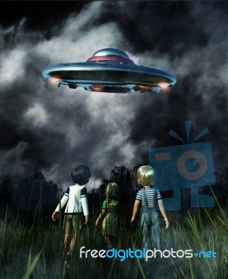 Kids Looking To A Ufo Saucer On The Sky At Night,3d Illustration… Stock Image