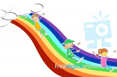 Kids Sliding On Rainbow Stock Image