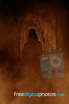 Killer In Haunted Forest,horror Concept And Ideas Background Stock Photo