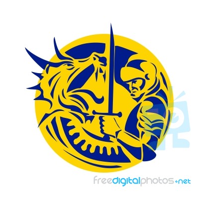 Knight Fighting Dragon Circle Retro Stock Image