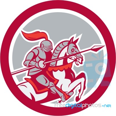 Knight Riding Horse Lance Circle Cartoon Stock Image