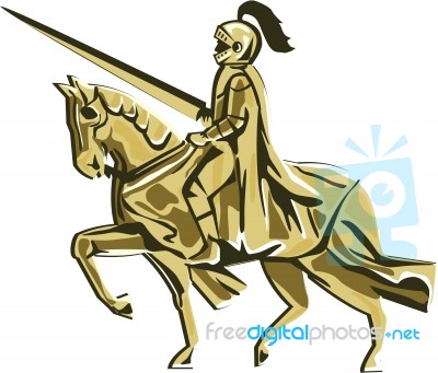 Knight Riding Steed Lance Isolated Retro Stock Image