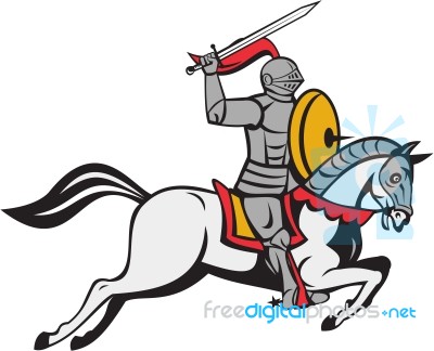 Knight Sword Shield Steed Attacking Cartoon Stock Image
