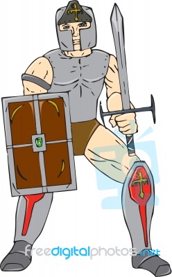 Knight Wielding Sword And Shield Cartoon Stock Image