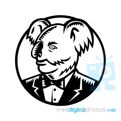 Koala Bear Wearing Tuxedo Woodcut Stock Image