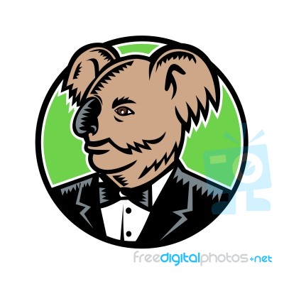 Koala Wearing Tuxedo Woodcut Color Stock Image