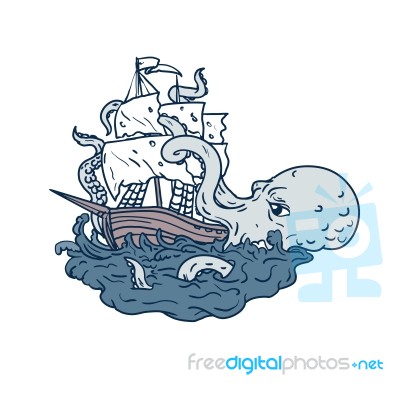 Kraken Attacking Sailing Galleon Doodle Art Color Stock Image