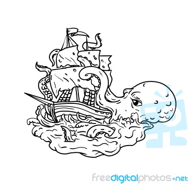 Kraken Attacking Sailing Ship Doodle Art Stock Image