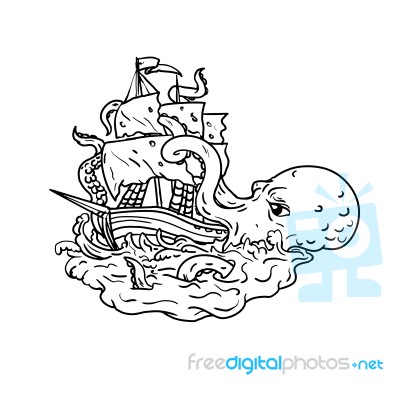 Kraken Attacking Sailing Ship Doodle Art Stock Image Kraken Attacking Sailing Ship Doodle Art Stock Image