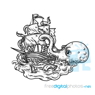 Kraken Attacking Ship Tattoo Grayscale Stock Image