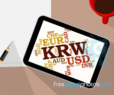 Krw Currency Represents South Korean Wons And Banknote Stock Image