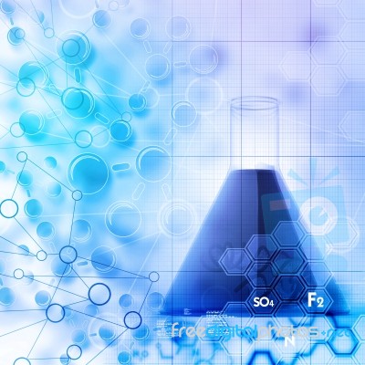 Laboratory Flask And Molecules In Scientific Background Stock Image