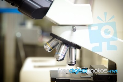 Laboratory Microscope. Scientific Research Background Stock Photo