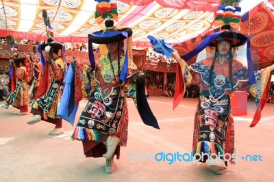 Ladakh, India-july 29, 2012 - Unidentified Buddhist Monks Dancing During A Festival At Dak Thok Monastery Stock Photo