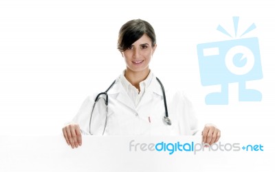 Lady Doctor Posing With Placard Stock Photo