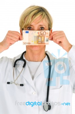 Lady Doctor Showing Money Stock Photo