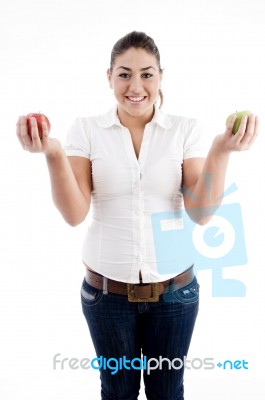 Lady Holding Apples In Both Hands Stock Photo