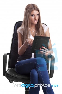 Lady Holding Tablet Computer Stock Photo