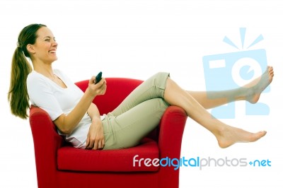 Lady Is Watching Tv Stock Photo