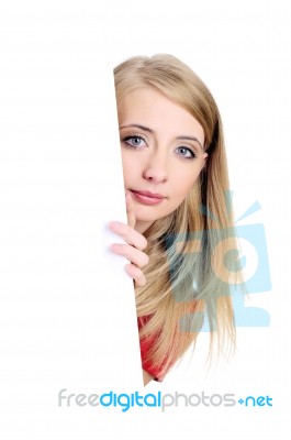 Lady Looking Behind White Card Stock Photo