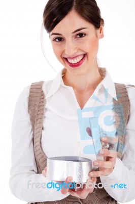 Lady Opening Gift Box Stock Photo