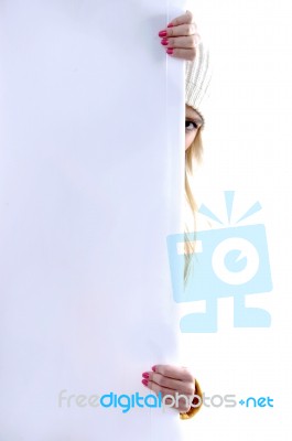 Lady Peeping Behind Blank Card Stock Photo