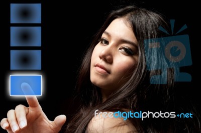Lady Pressing Touch Screen Button Stock Photo