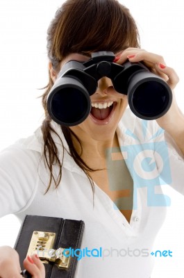 Lady Viewing Through Binoculars Stock Photo
