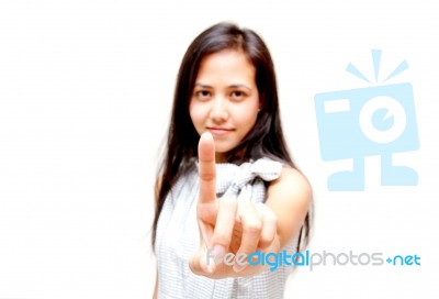 Lady With Pointing Upwards Gesture Stock Photo