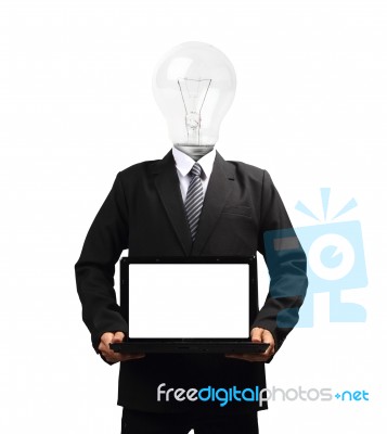 Lamp Head Businessman Holding Computer Laptop Screen Stock Image