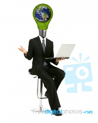 Lamp Head Male With Laptop Stock Photo