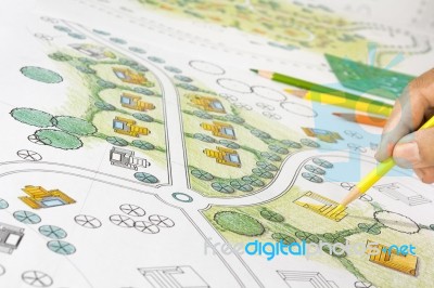 Landscape Architect Design Blueprints For Resort Stock Photo