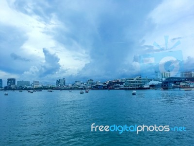 Landscape Of Sea With Boat And Downtown And Building And Blue Sky Stock Photo Landscape Of Sea With Boat And Downtown And Building And Blue Sky Stock Photo