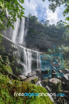 Landscape Of Tad Huay Ping Waterfall In Deep Rain Forest Of Bola… Stock Photo