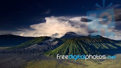 Landscape Of Volcanoes In Bromo Mountain Stock Photo