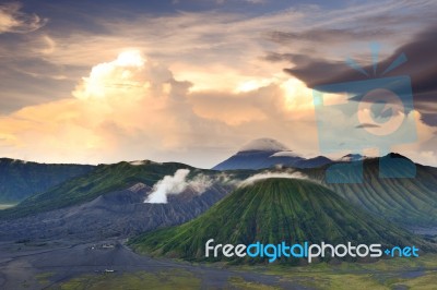 Landscape Of Volcanoes In Bromo Mountain, Indonesia Stock Photo