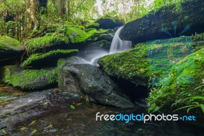 Landscape Of Waterfall In Deep Rain Forest Of Bolaven Plateau, C… Stock Photo