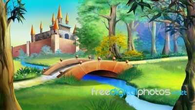 Landscape With Fairy Tale Castle And Small Bridge Over The River… Stock Image