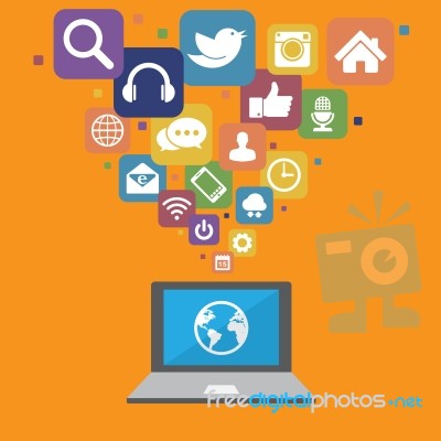 Laptop With Social Media Icons Stock Photo