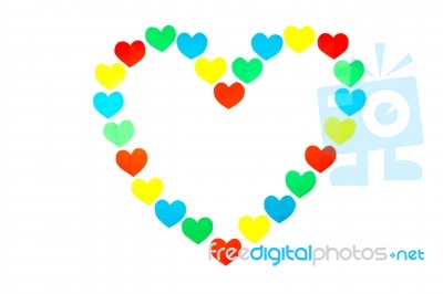 Large Heart Shape  Built Of Little Colored Hearts On White Stock Photo
