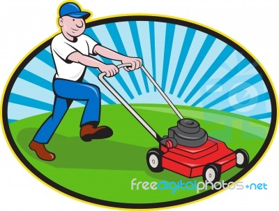 Lawn Mower Man Gardener Cartoon Stock Image
