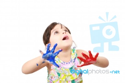 Learning And Play Themed Image Of A Little Girl With Hands Paint… Stock Photo