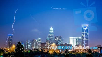 Lightning And Thunderstorm Over City Of Charlotte North Carolina… Stock Photo