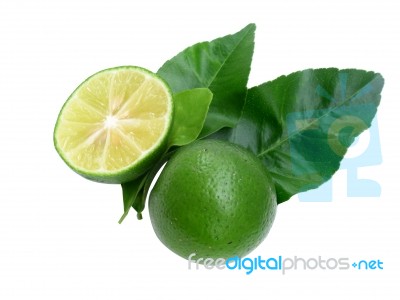 Lime With Slice And Leaf Isolate On White Background Stock Photo